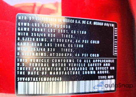 2019 Volkswagen Tiguan Sel Premium from USA, damaged, VIN 3VV4B7AX1KM006049